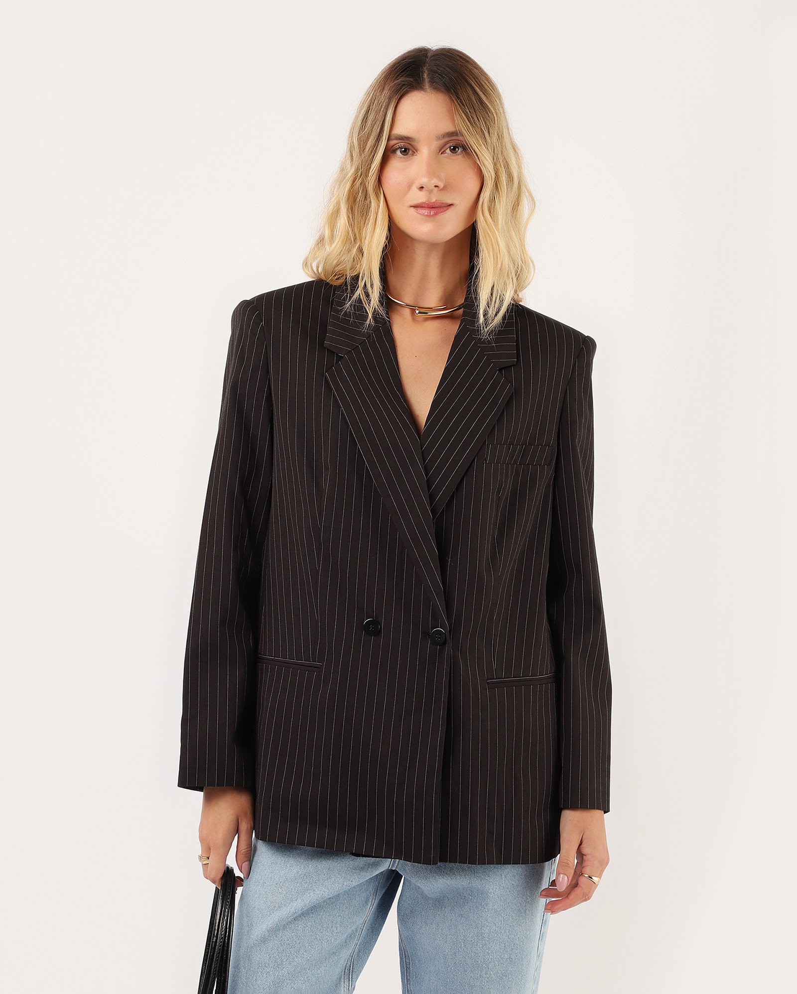 Blazer feminino oversized listrado - preto