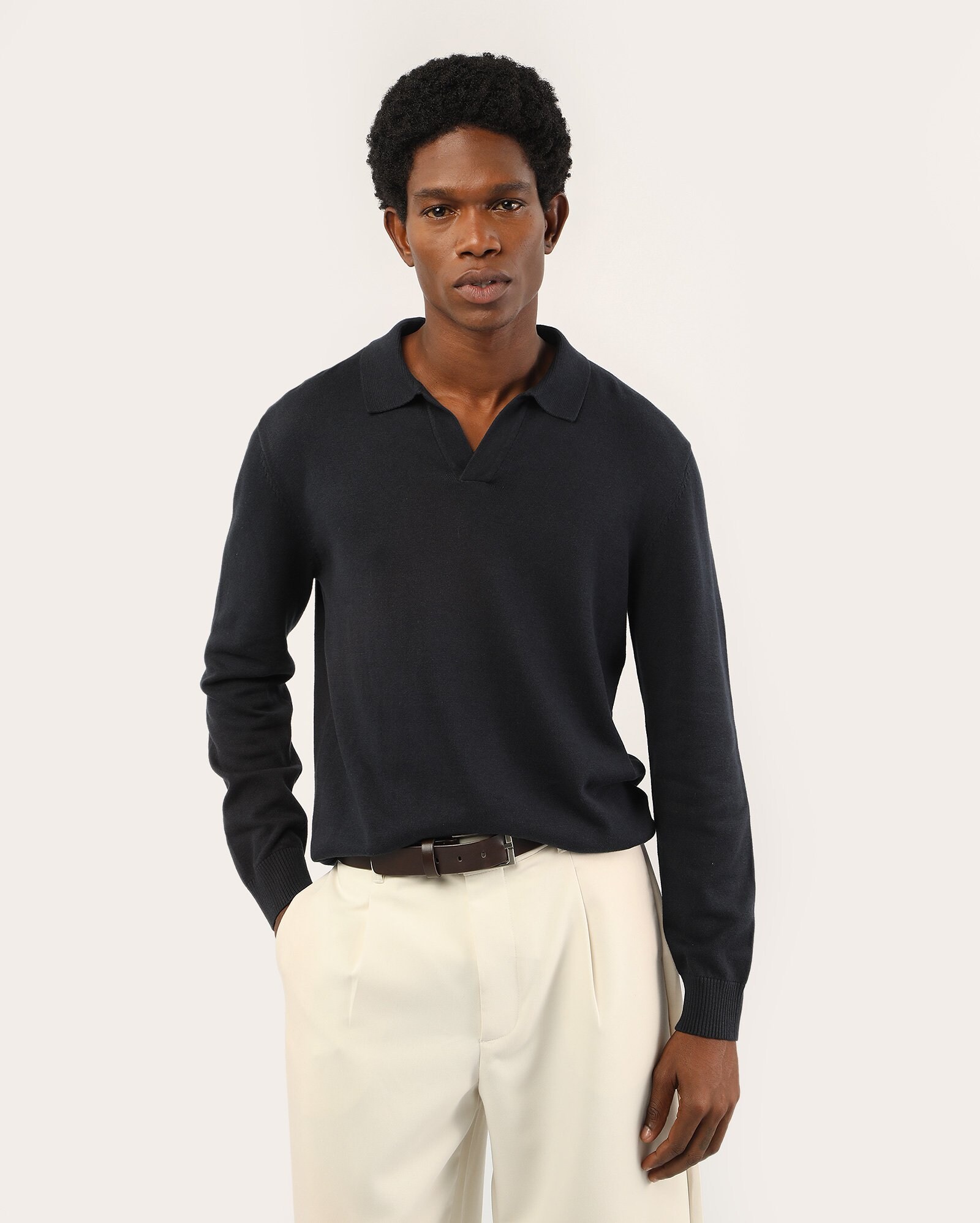 Polo masculina manga longa em tricot - Azul