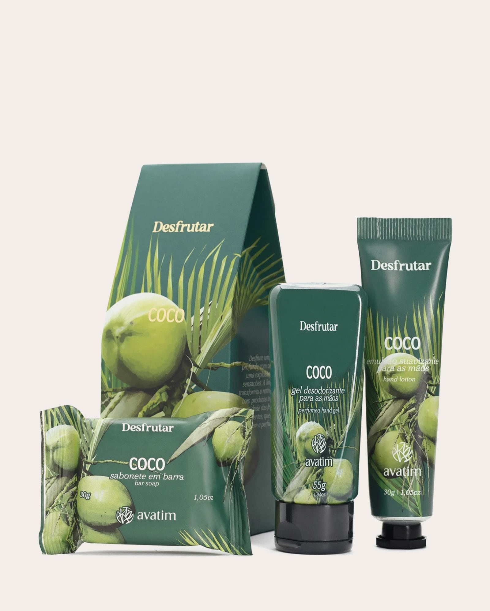 Kit gel para as mãos 65ml + emulsão hidratante 30g + sabonete em barra Coco 30g | Avatim