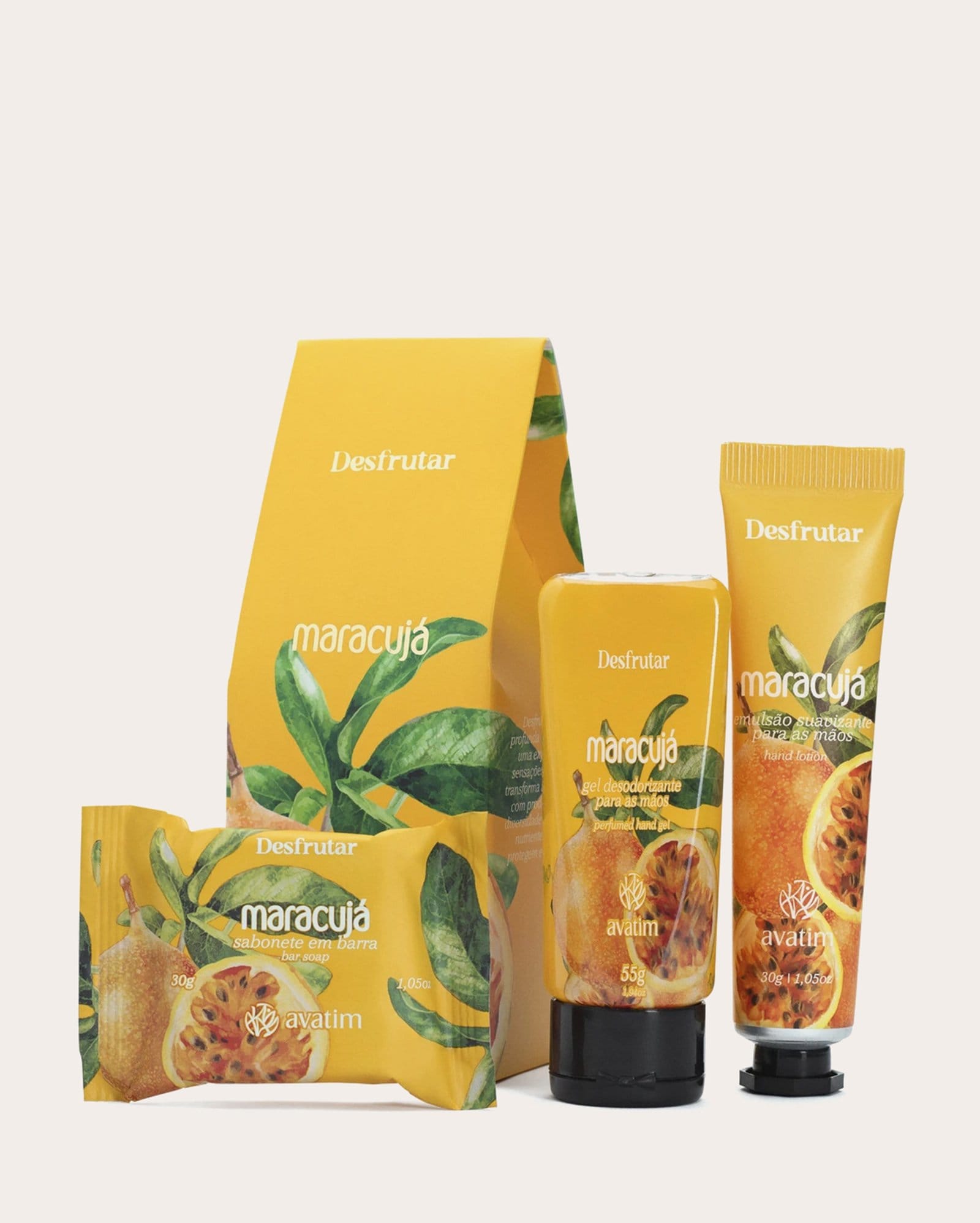 Kit gel para as mãos 65ml + emulsão hidratante 30g + sabonete em barra Maracujá 30g | Avatim