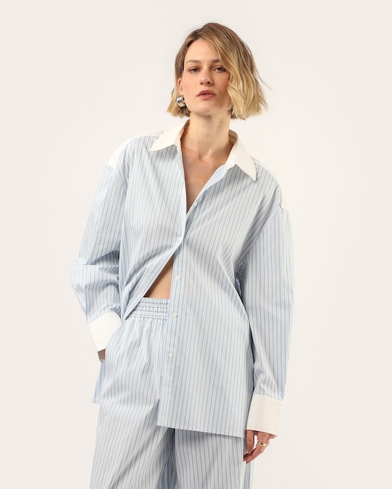 Calça feminina pantalona com elástico listrada - Azul