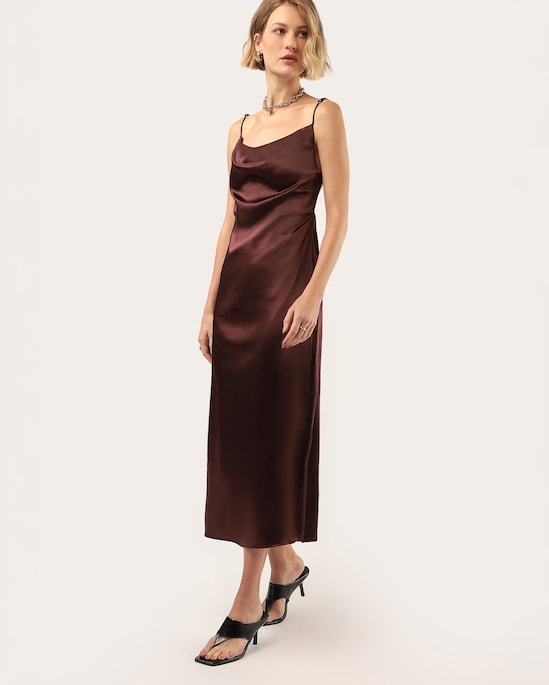 Vestido midi frente única acetinado - Vinho