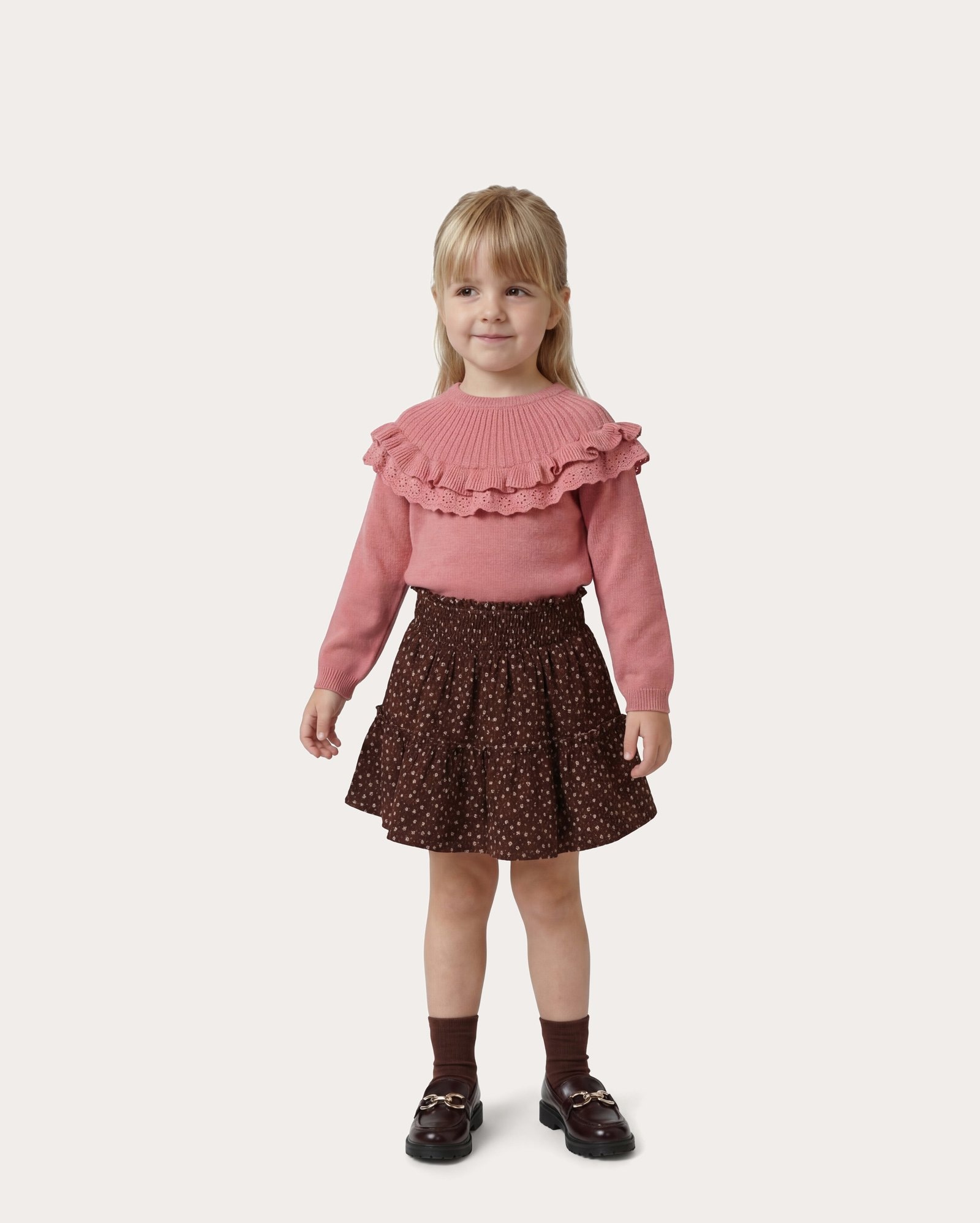 Saia infantil floral com babado 1-6A – marrom