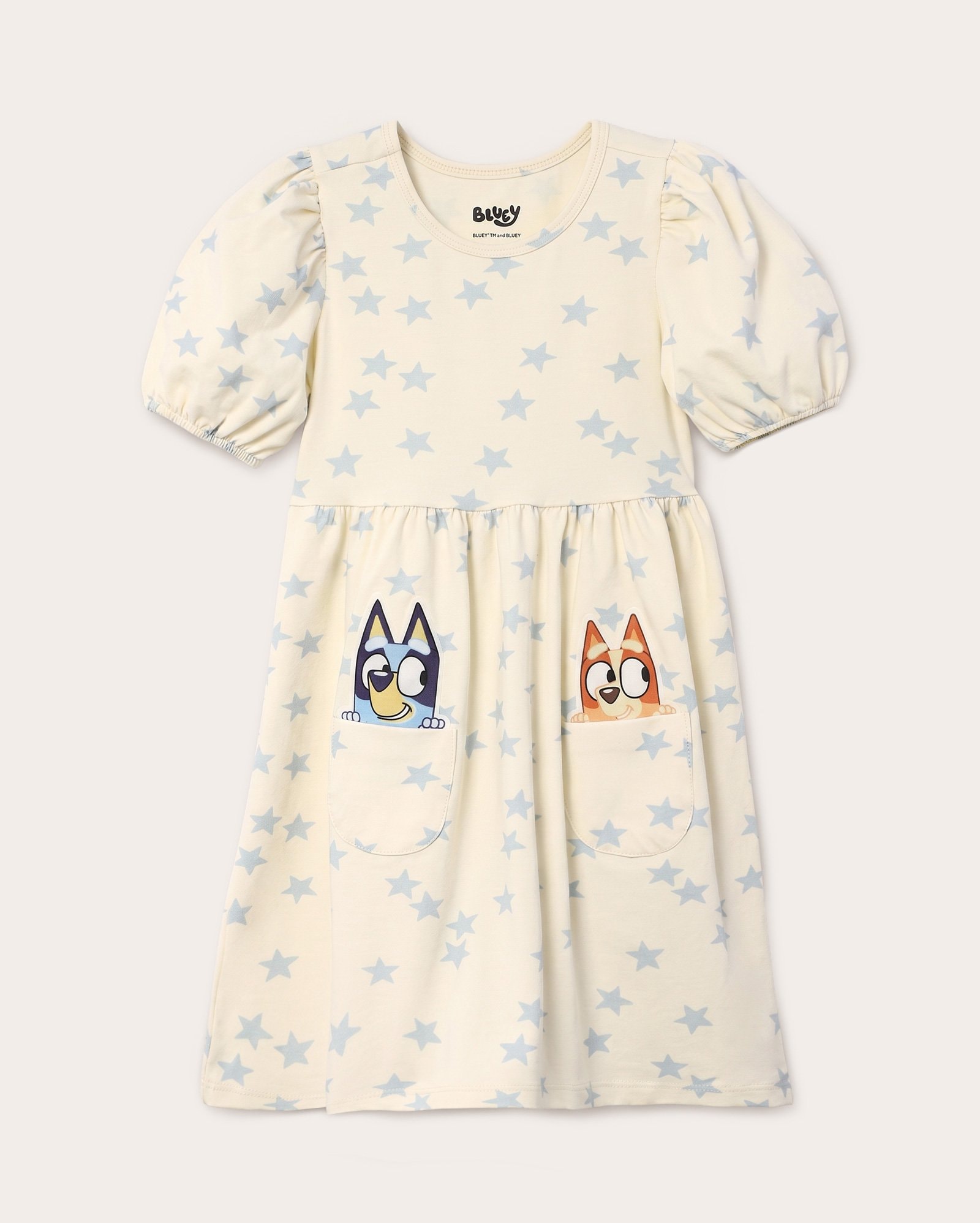 Vestido infantil evasê Bluey e Bingo com bolso 1-6A - Amarelo Claro