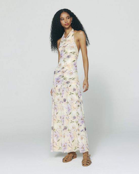 Vestido longo frente única em tule floral - bege