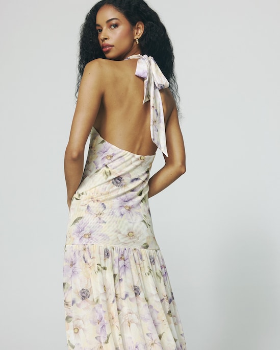 Vestido longo frente única em tule floral - bege