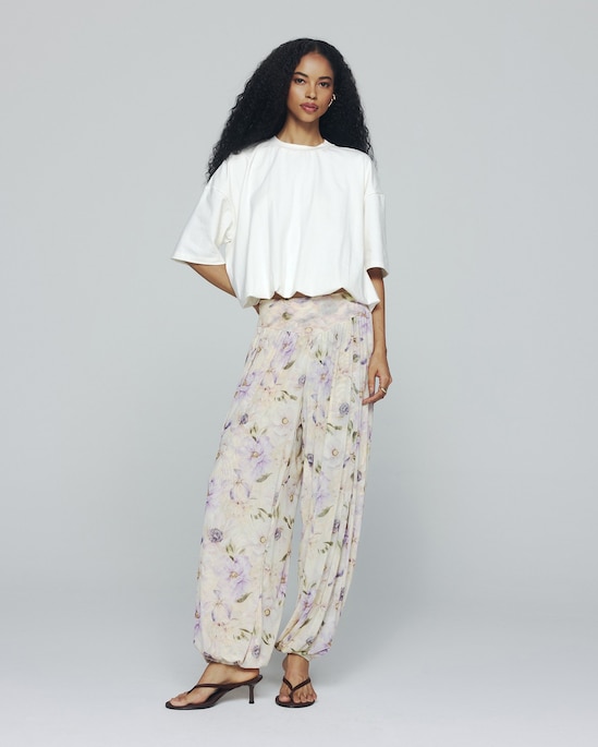 Calça feminina aladim em tule floral - bege