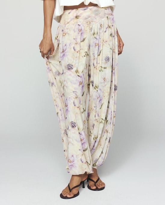 Calça feminina aladim em tule floral - bege