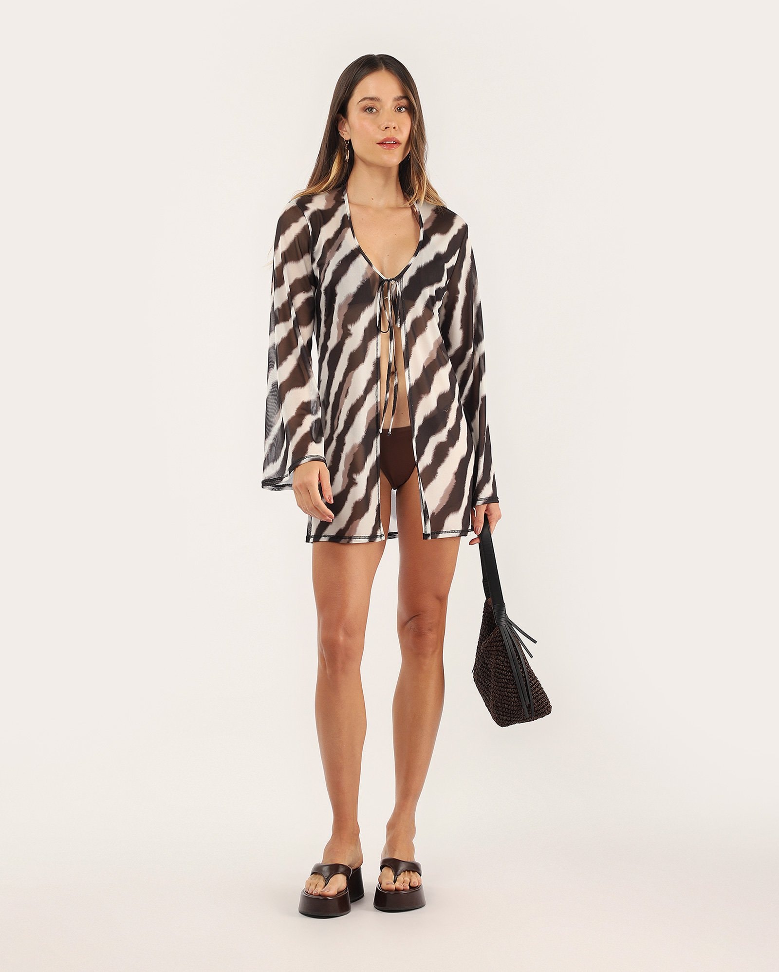 Saída de praia feminina aberta estampada - multicor
