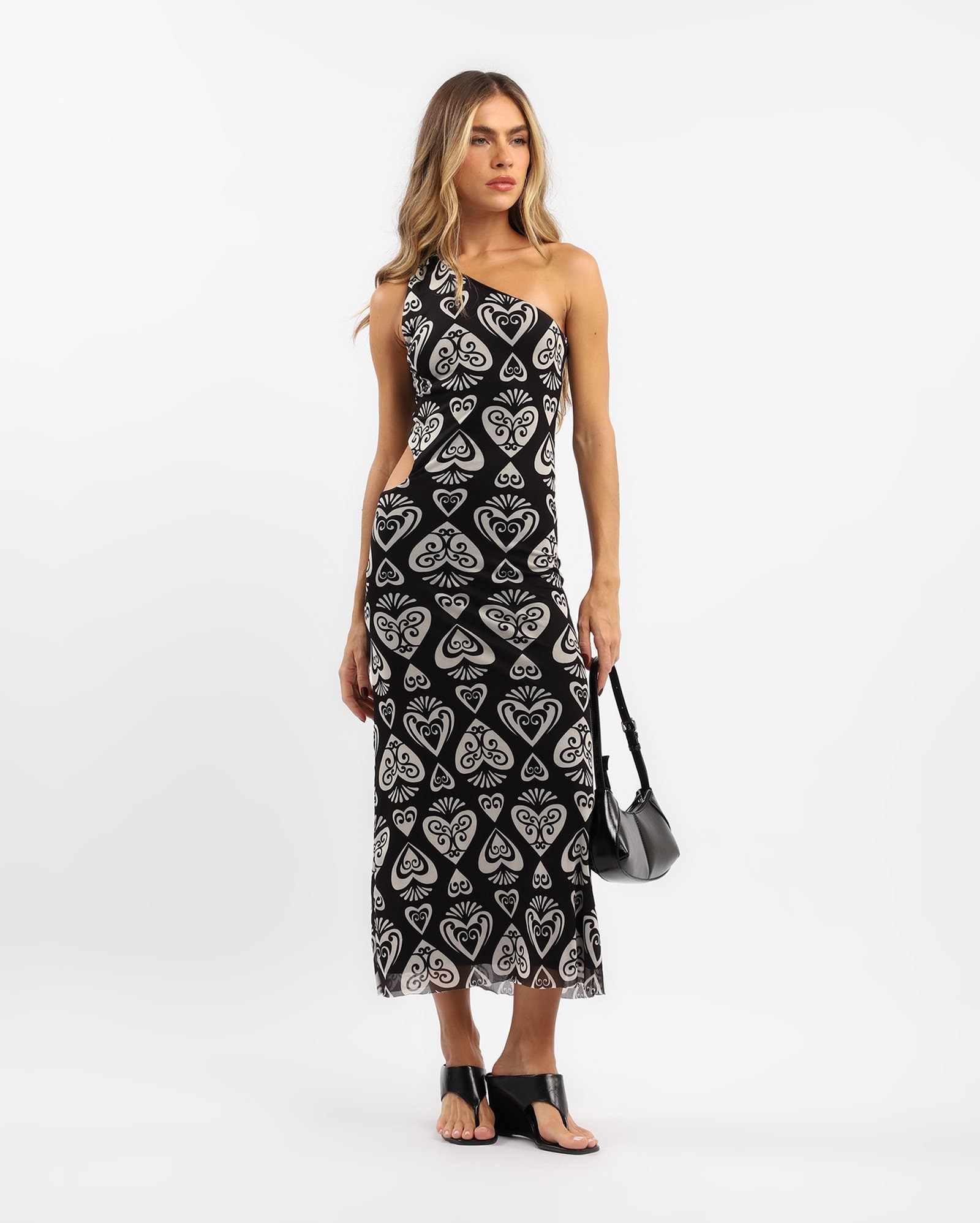 Vestido midi de tule estampado um ombro só - preto