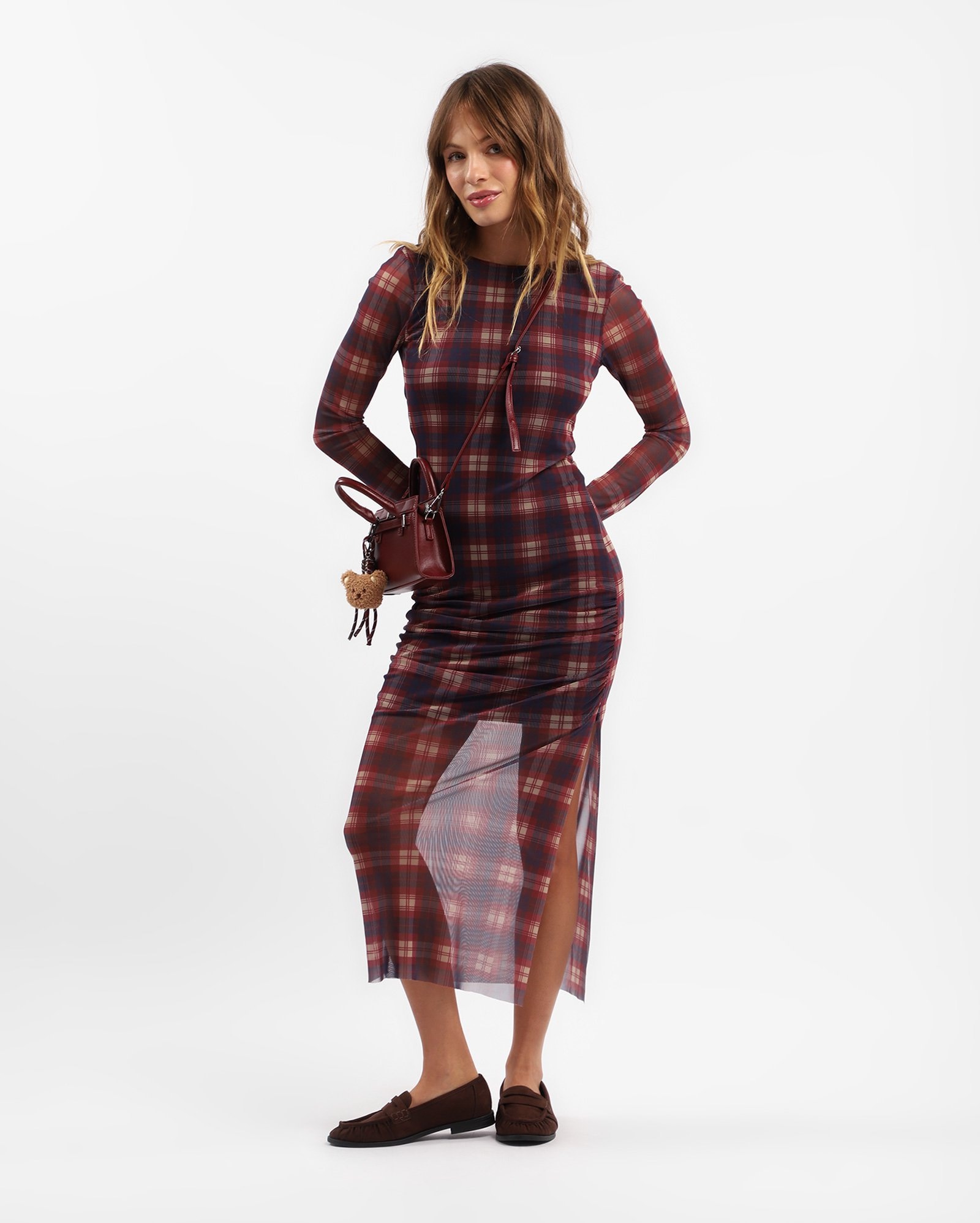 Vestido longo em tule xadrez - multicor