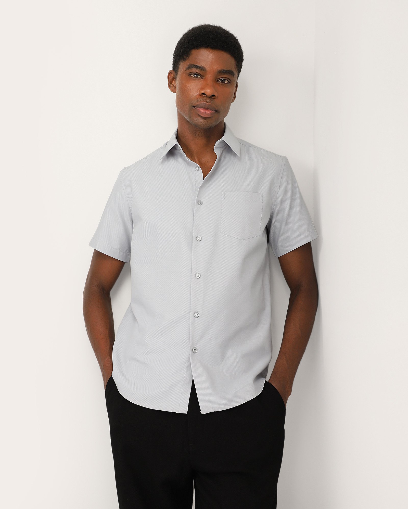 Camisa social masculina regular textura diagonal - Cinza Claro