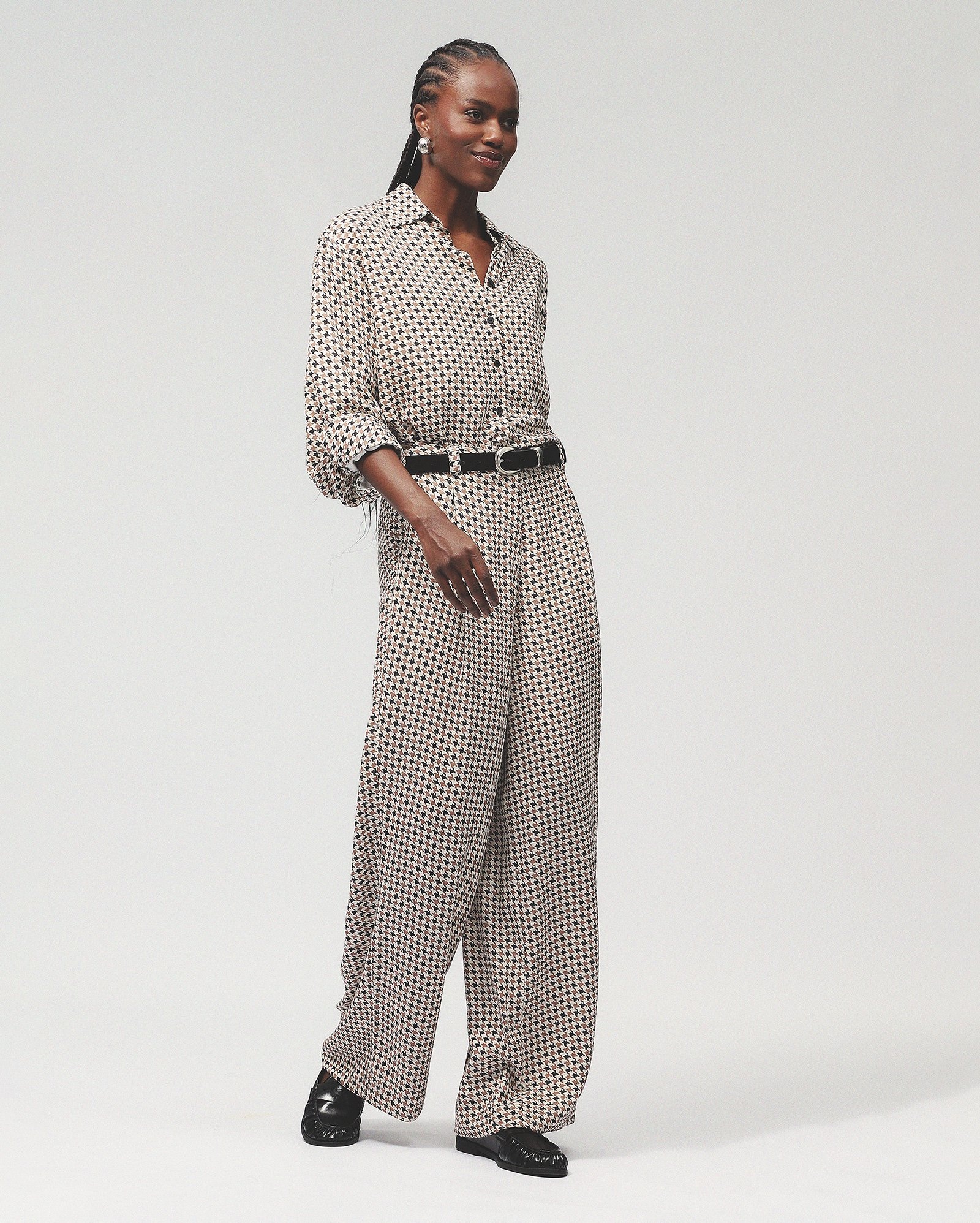 Calça feminina de alfaiataria pied-de-poule - bege