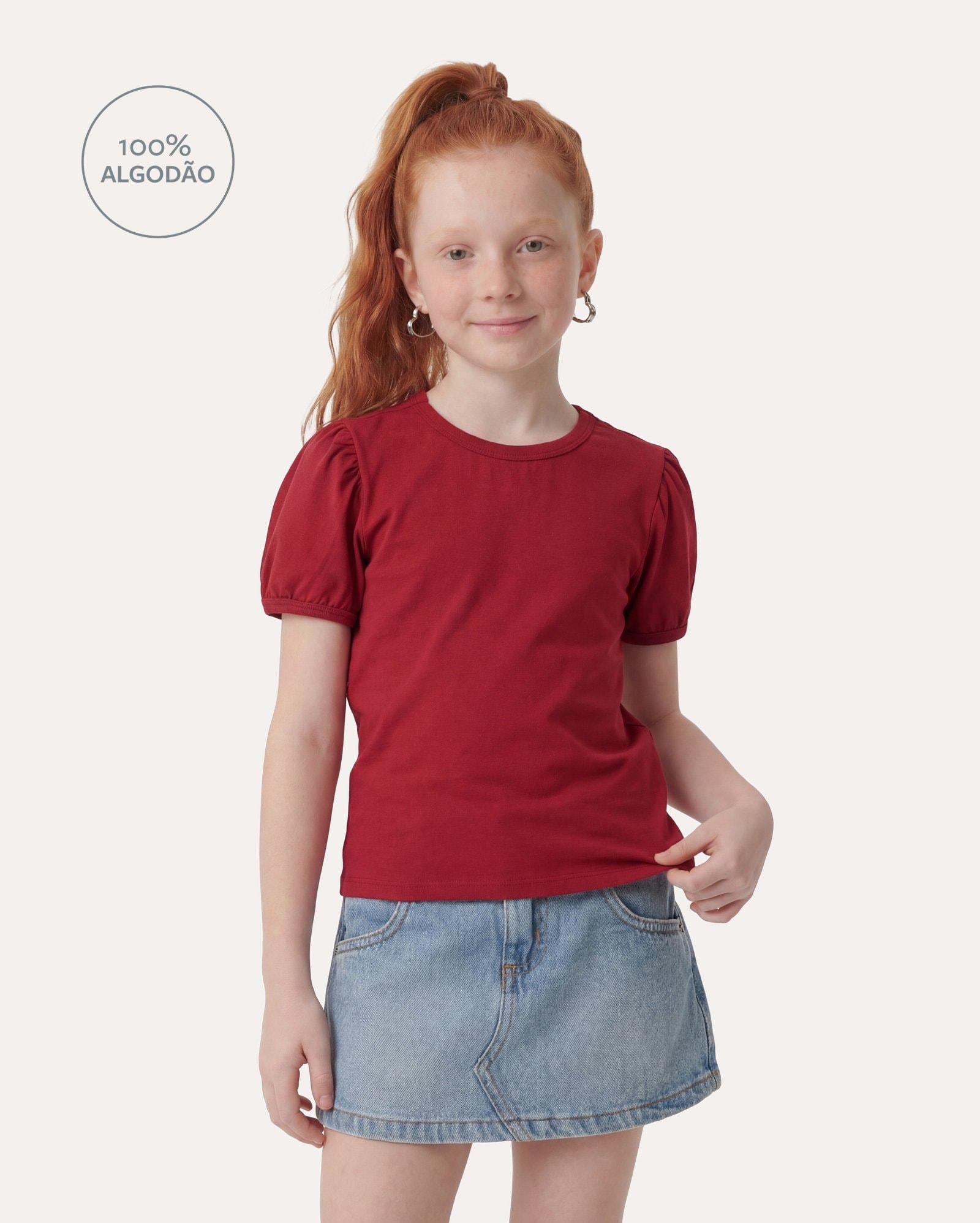 Camiseta infantil manga curta bufante 6-14A - Vermelho Terracota