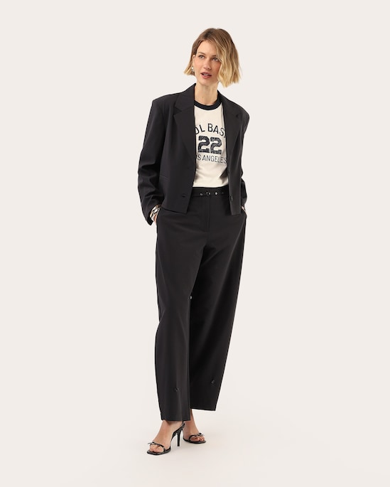 Calça feminina de alfaiataria barrel com cinto risca de giz - Azul