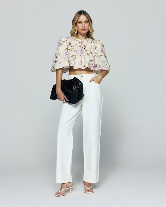 Blusa cropped ampla floral - bege