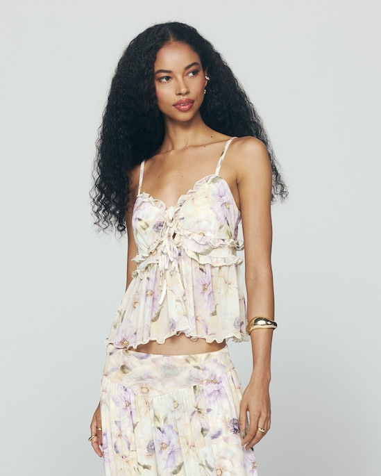 Regata feminina em tule floral com laços - bege