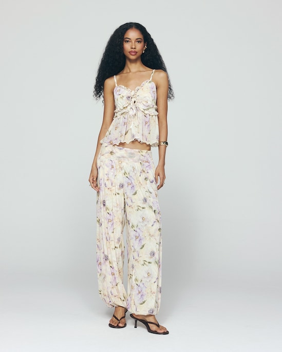 Regata feminina em tule floral com laços - bege