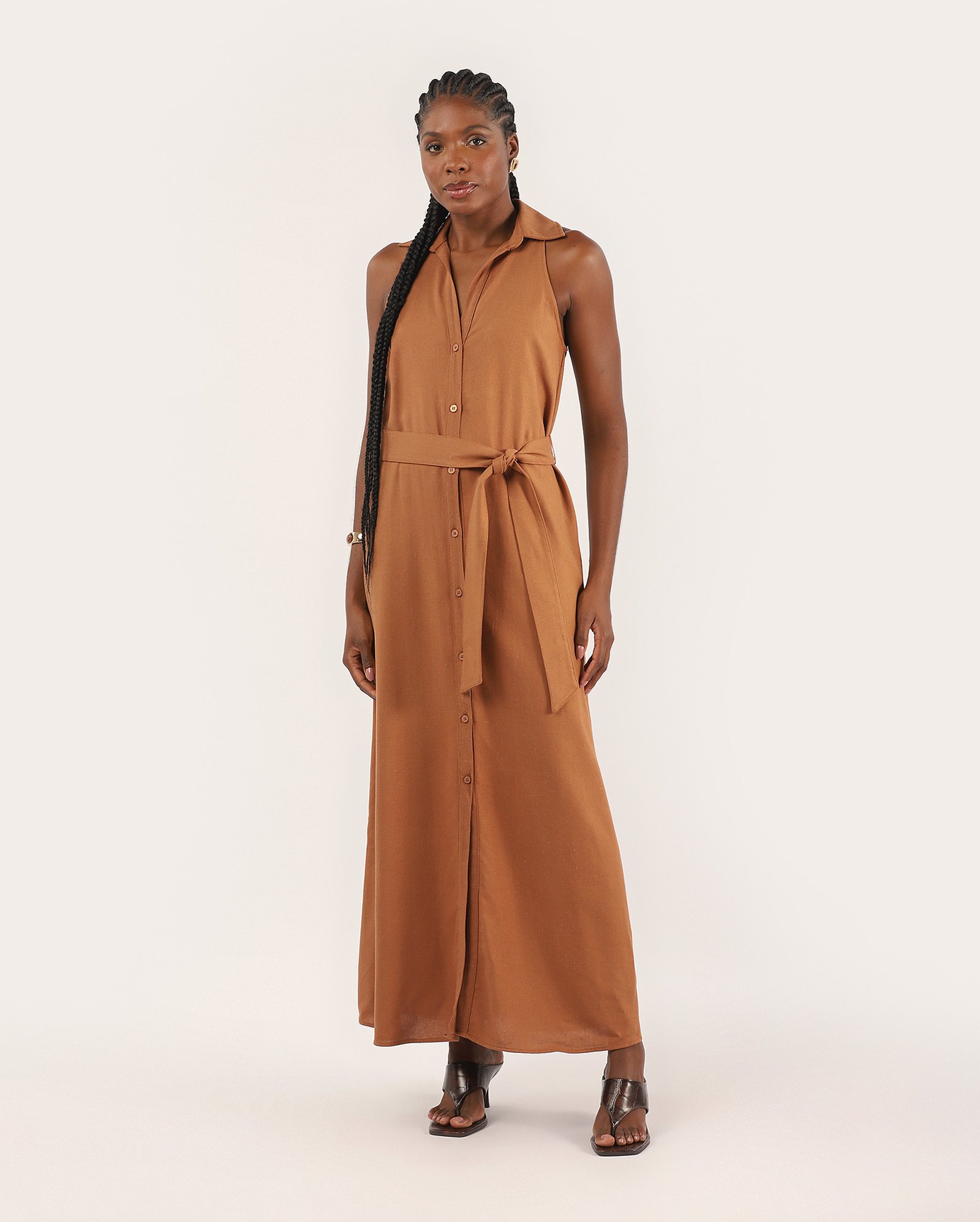 Chemise longo em viscolinho faixa de amarrar - marrom