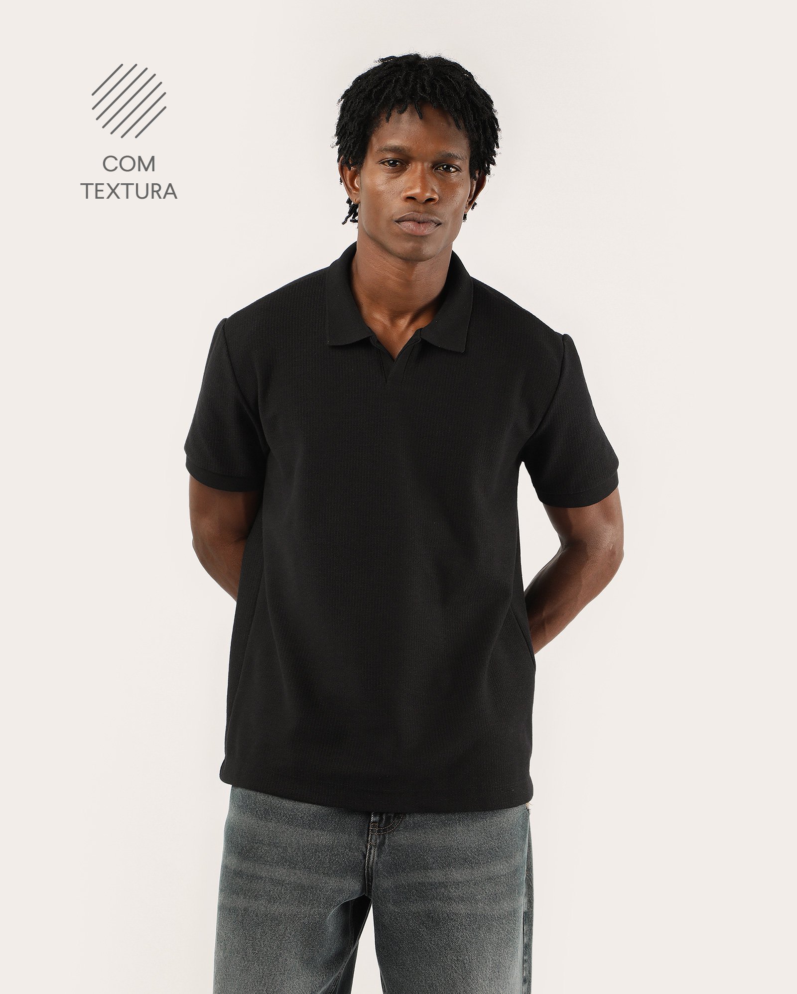 Polo masculina comfort texturizado - preta