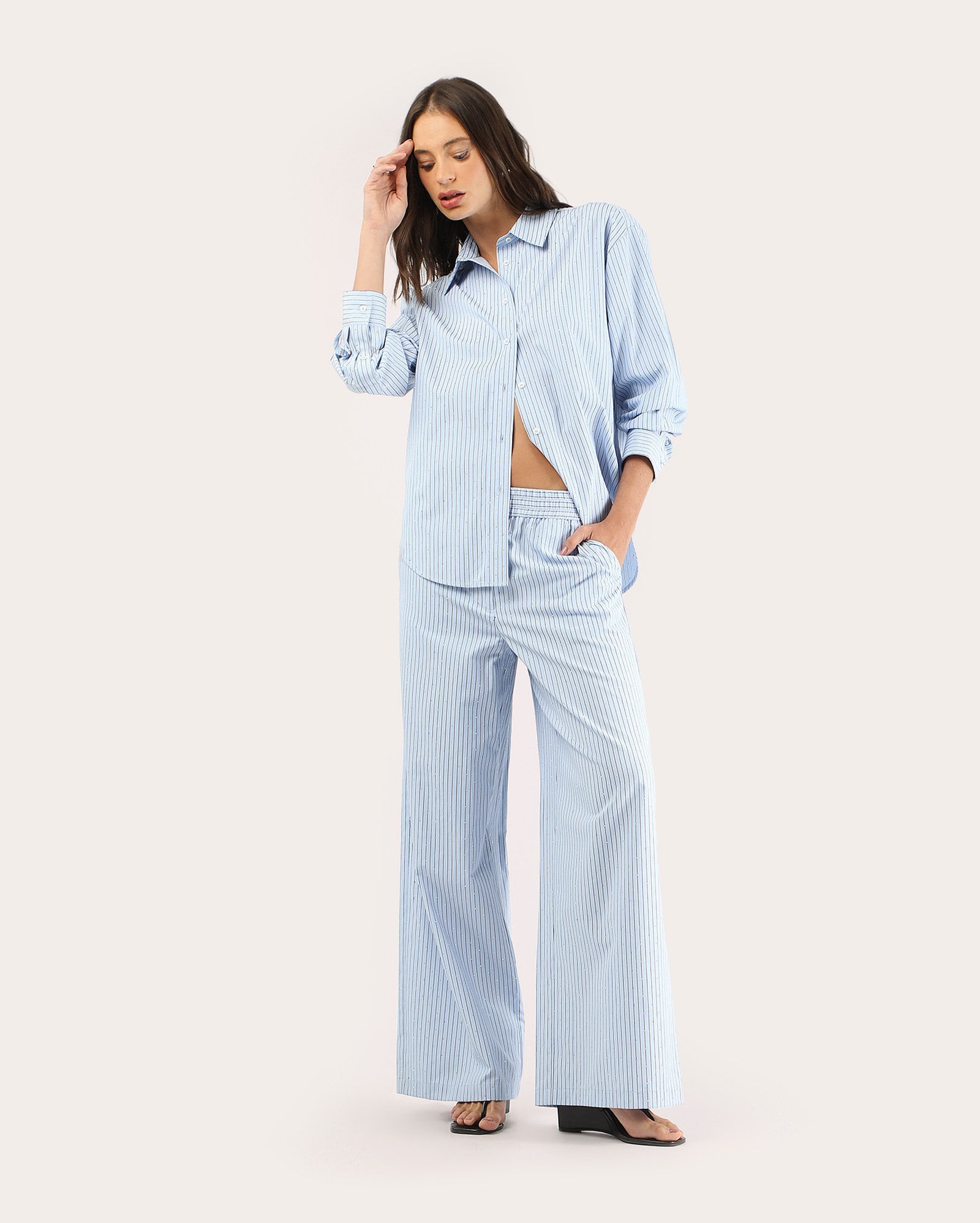 Calça feminina reta listrada - azul