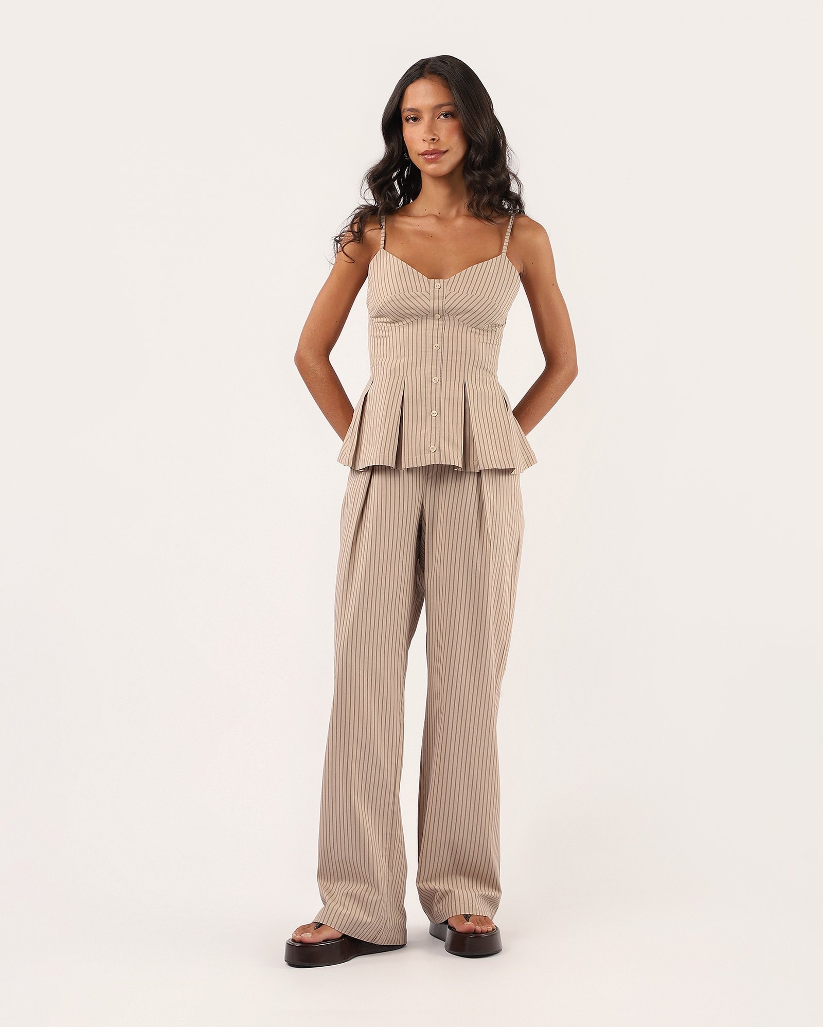 Calça feminina pantalona listrada - bege
