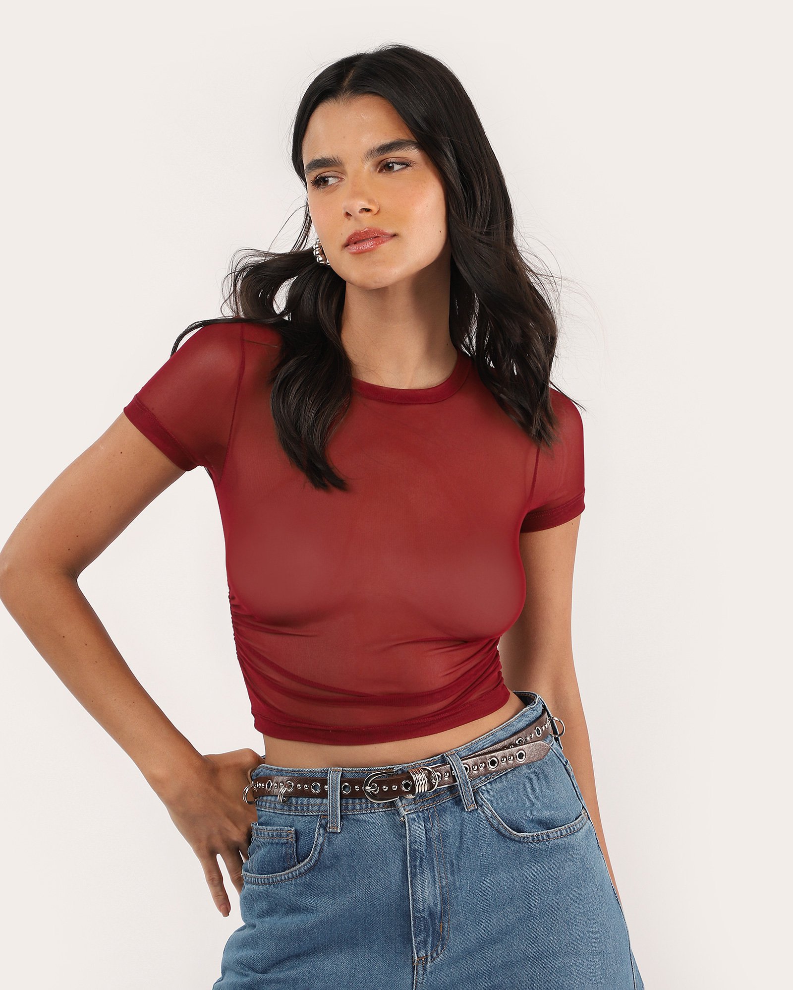 Cropped tule básico manga curta - vermelho