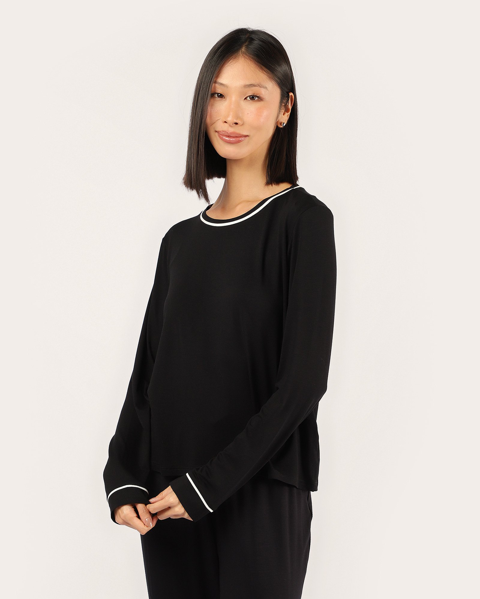 Blusa pijama feminina manga longa lisa - preta