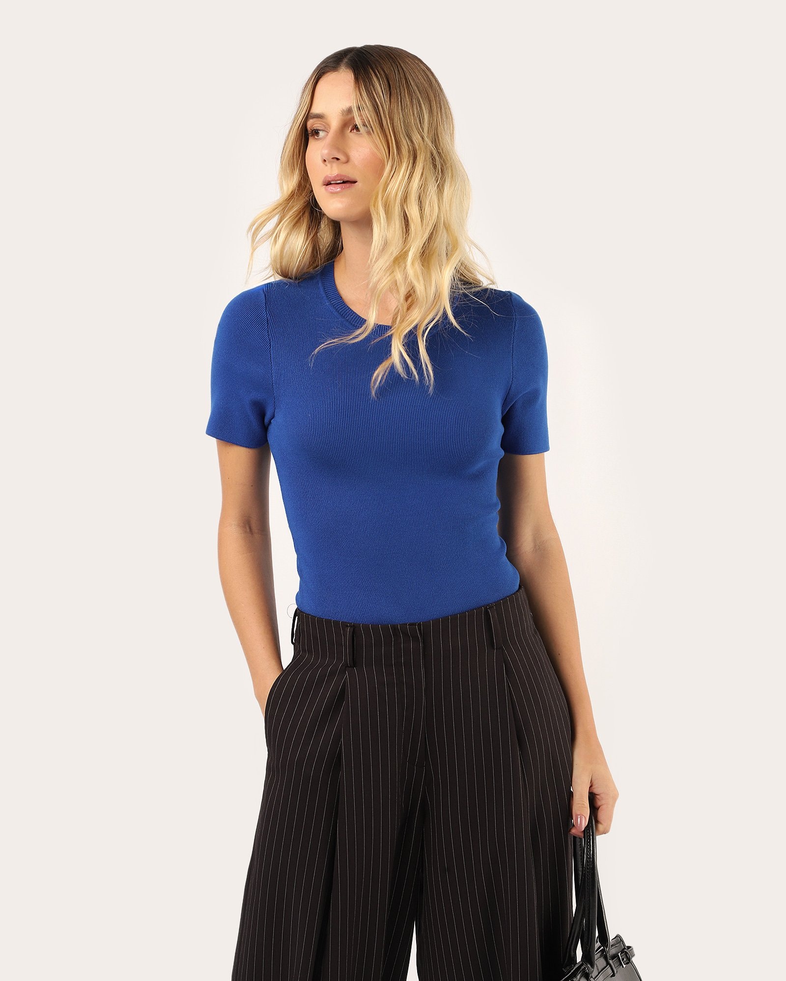 Blusa feminina de tricot canelado - azul