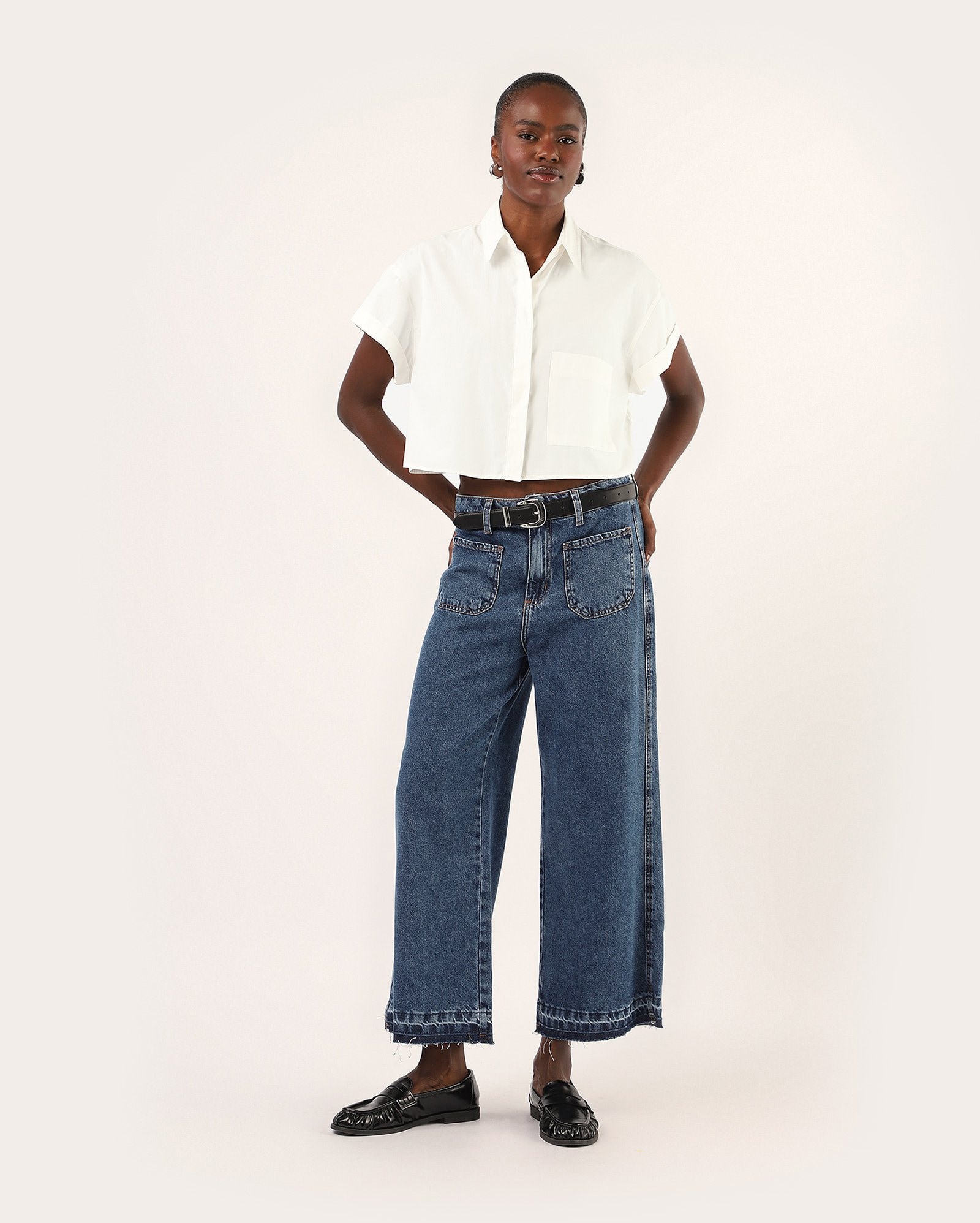 Riachuelo | Calça jeans feminina wide cropped - denim escuro | Pool Jeans
