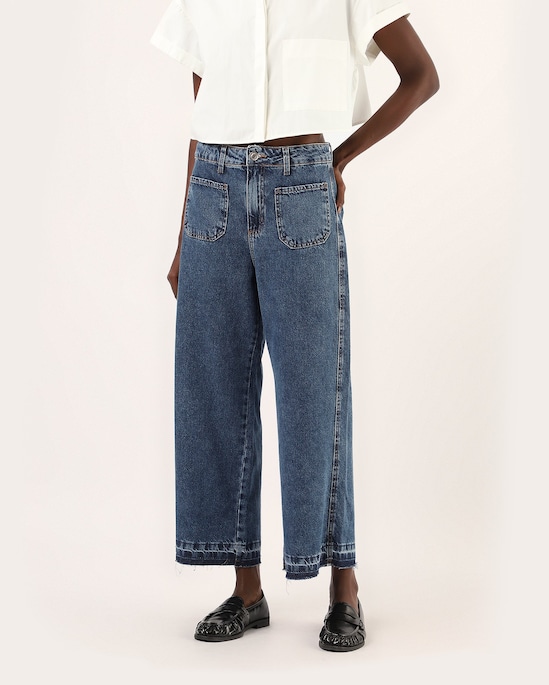Calça jeans feminina wide cropped - denim escuro | Pool Jeans