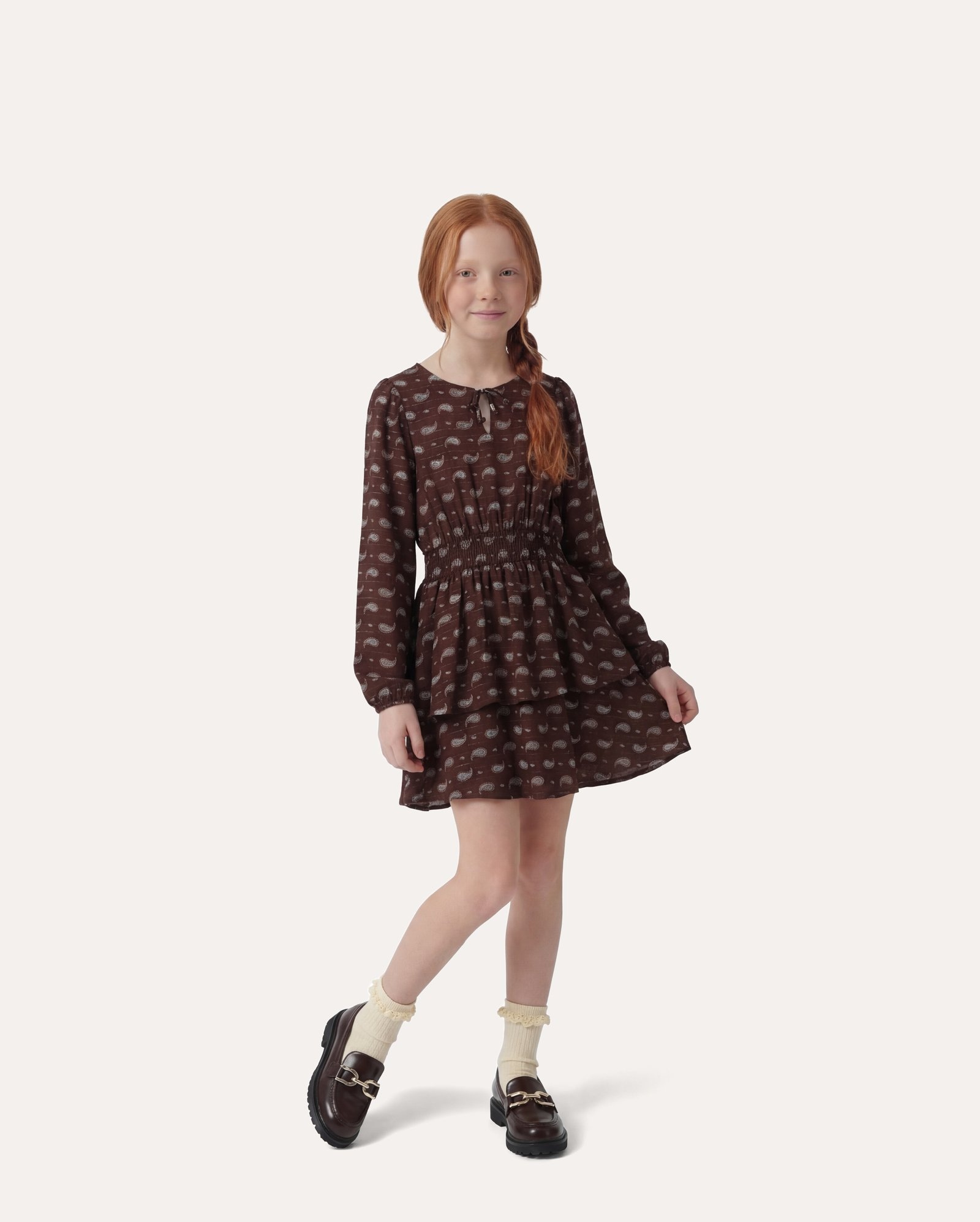 Vestido infantil paisley 6-14A - marrom
