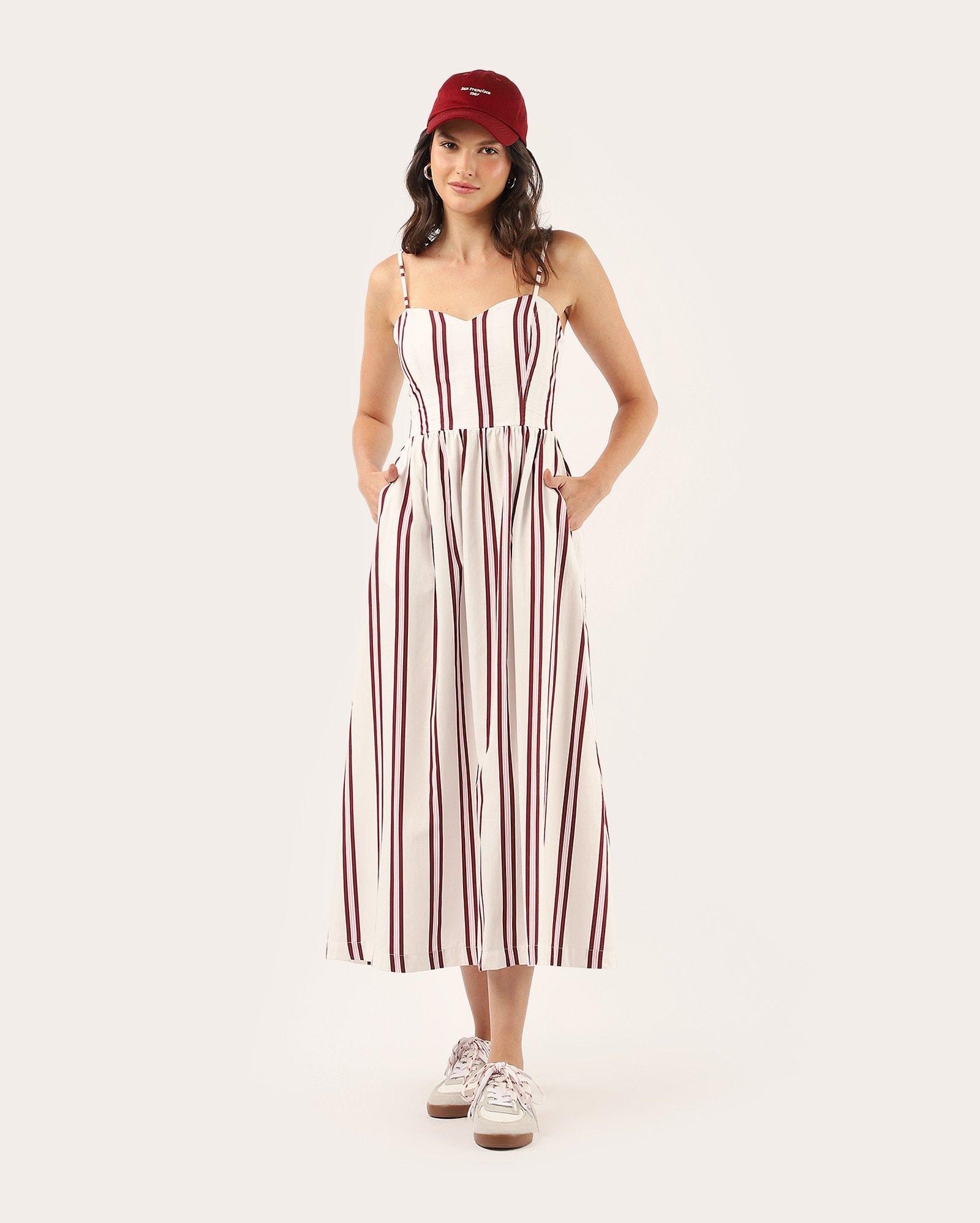 Vestido midi godê Lequinha listras com bolso - branco