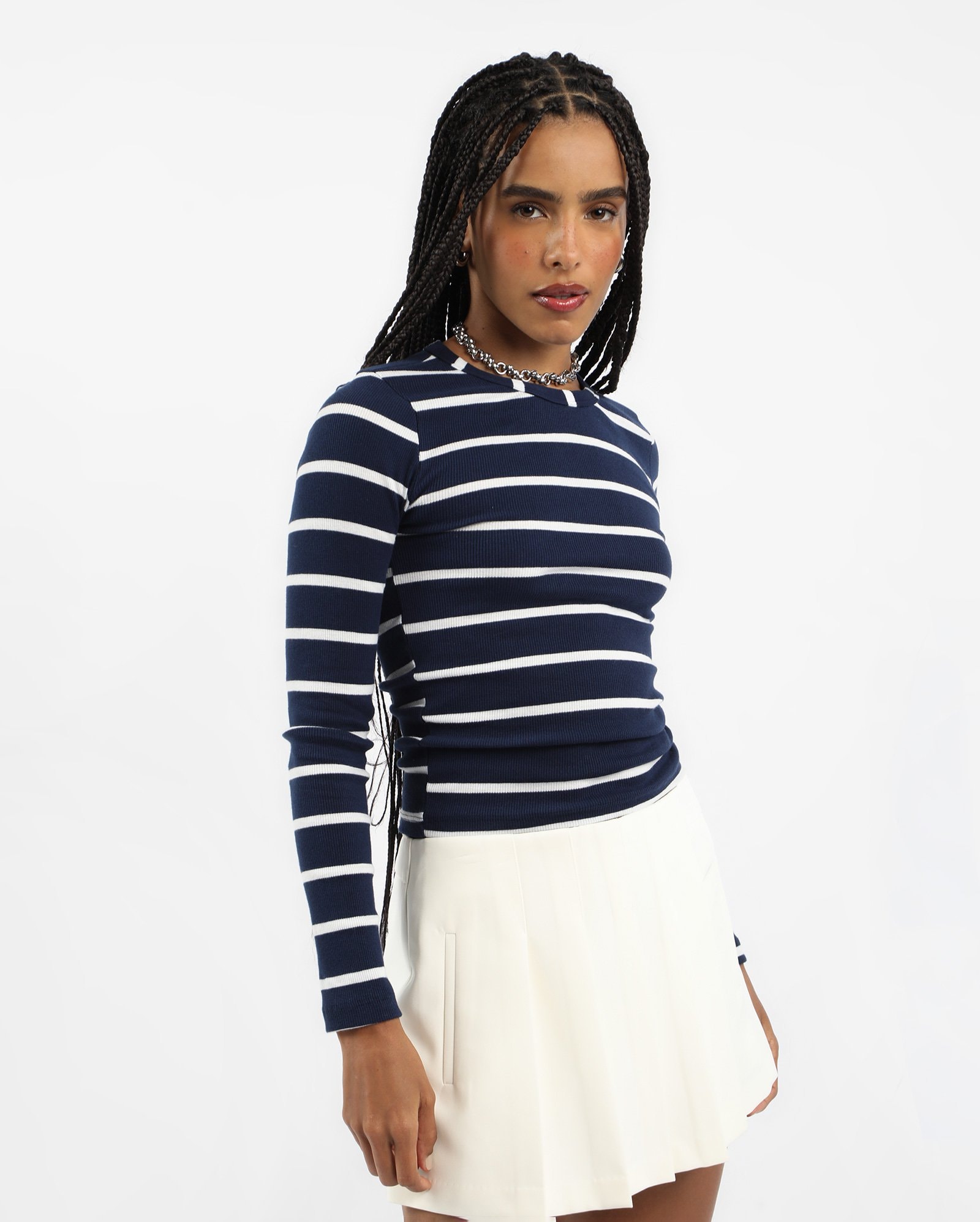 Blusa feminina canelada listrada - Azul Escuro
