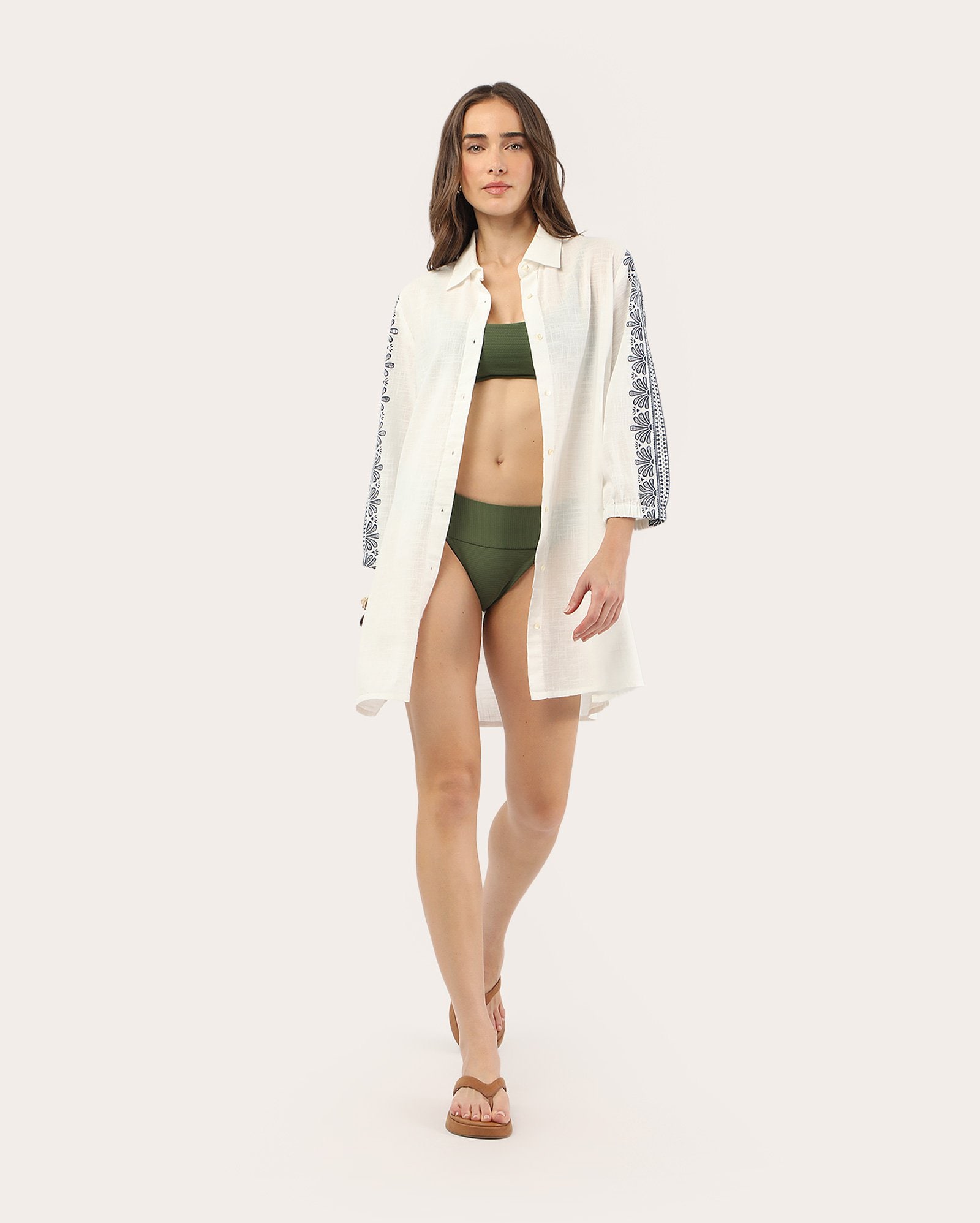 Saída de praia chemise bordada - Off-white