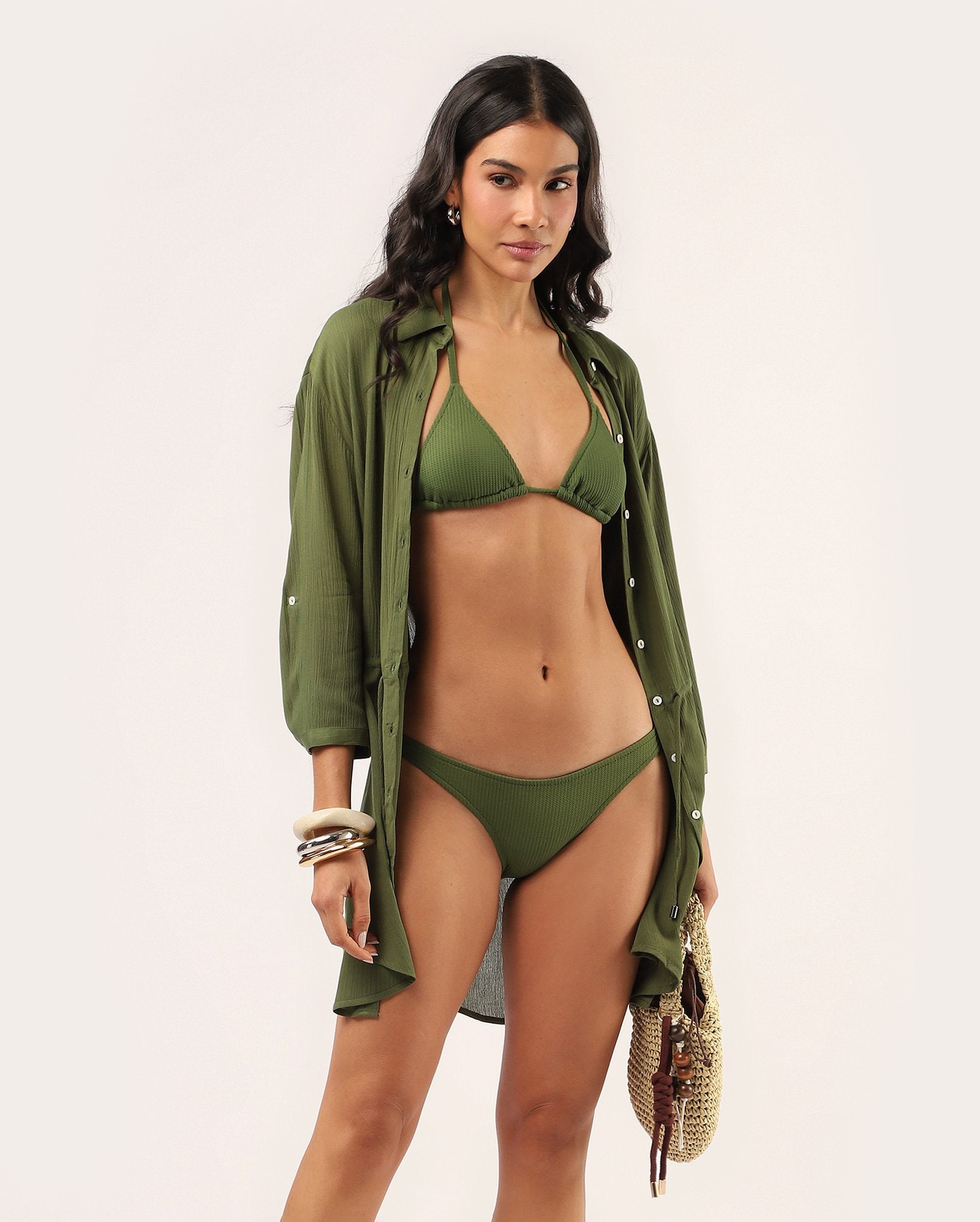 Saída de praia chemise em viscose acinturado com cordão - Verde