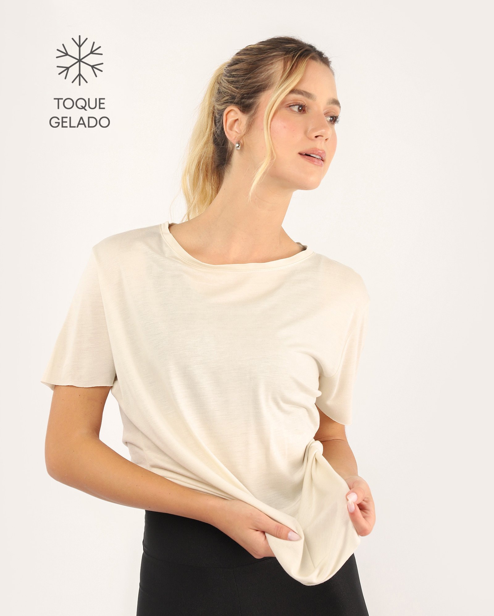 Camiseta esportiva feminina alongada em viscose - Bege | Body Work