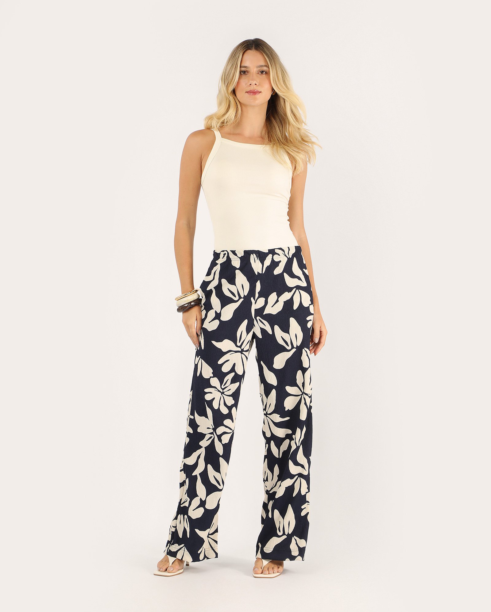 Calça feminina pantalona estampada - azul
