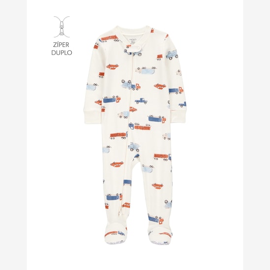 Macacão pijama infantil com pezinho carros - bege | Carter's