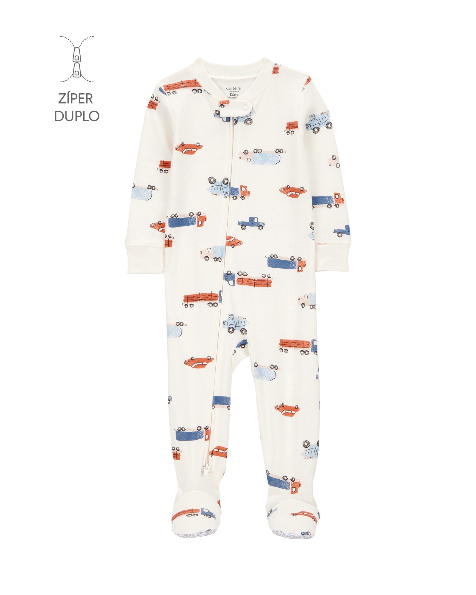 Macacão pijama bebê com pezinho carros - bege | Carter's