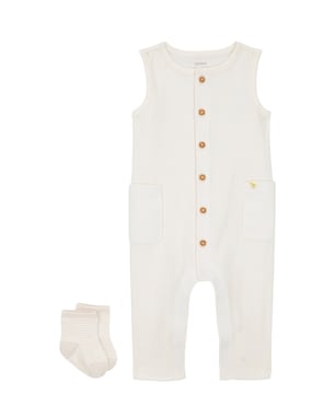 Macacão bebê + meias canelado com bolso - bege | Carter’s