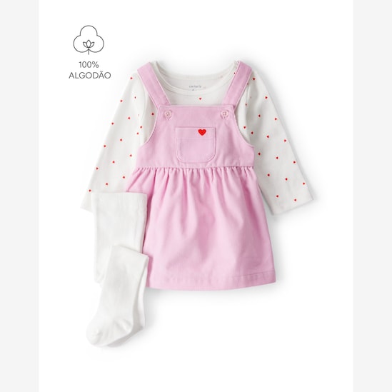Salopete bebê veludo corações com blusa e meia calça - multicor | Carter's