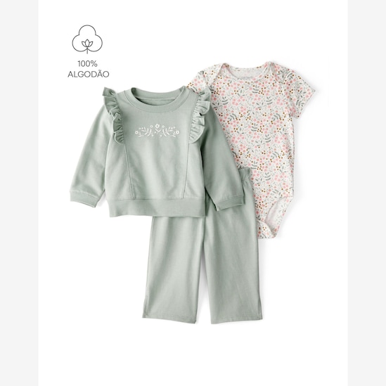 Conjunto longo bebê 3 peças floral multicor