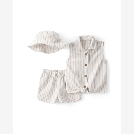 Conjunto curto bebê 3 peças em linho chapéu bucket - bege | Carter's