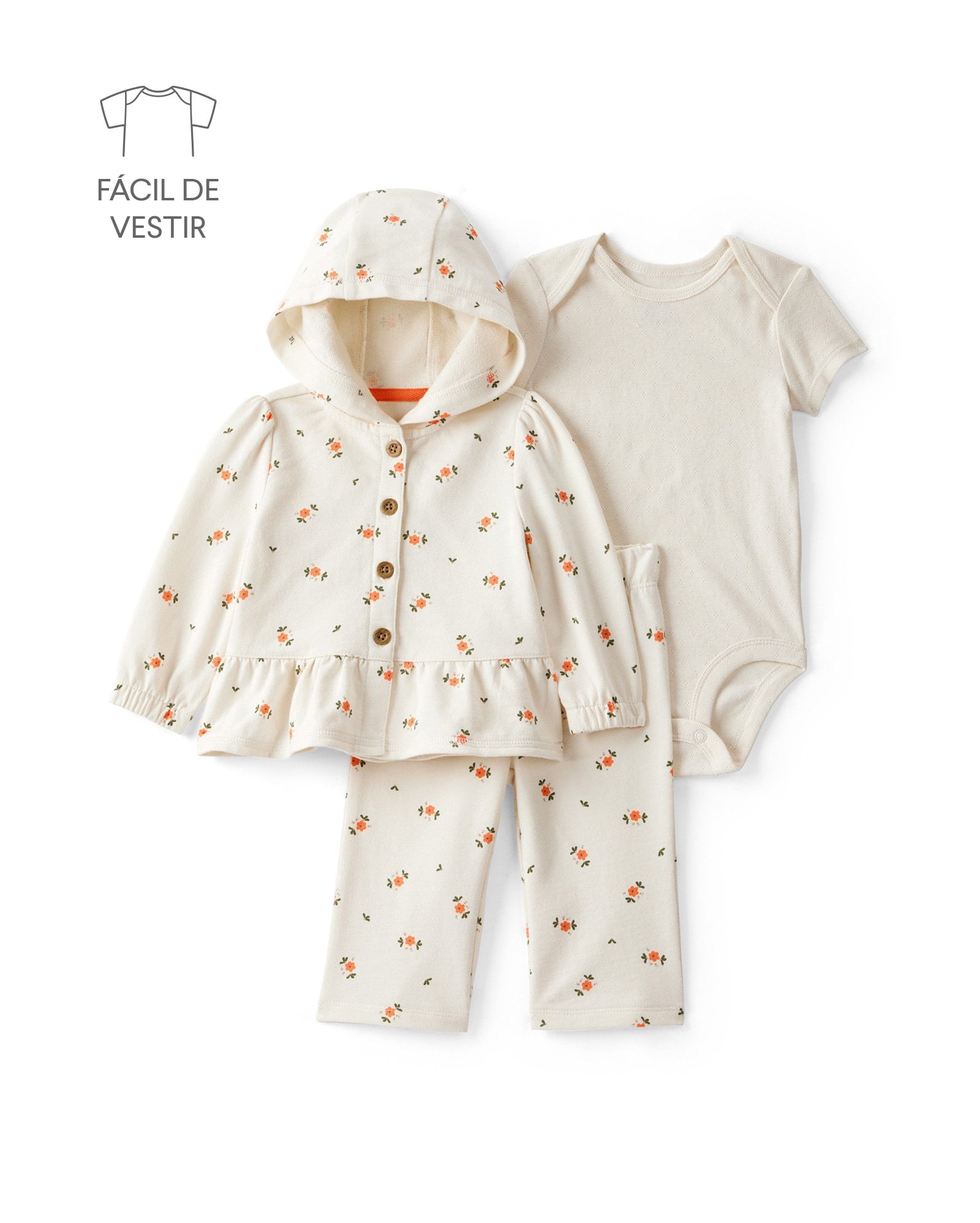Conjunto longo bebê 3 peças floral - bege | Carter's