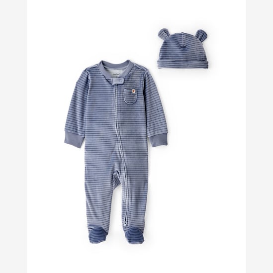 Macacão bebê em plush listrado com touca - azul | Carter's