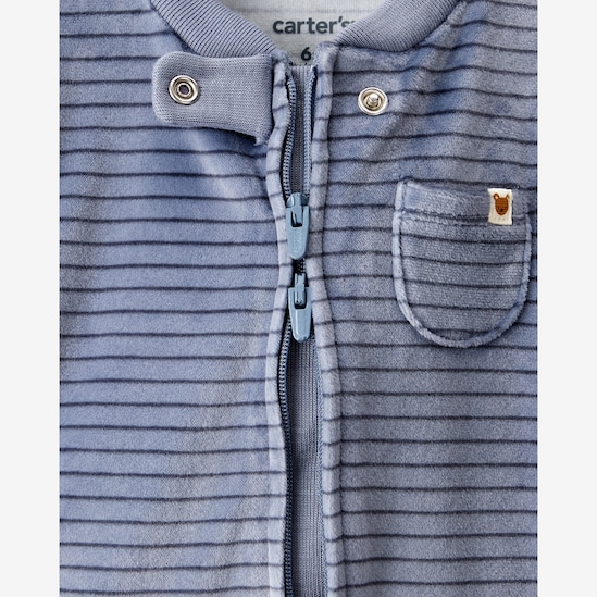 Macacão bebê em plush listrado com touca - azul | Carter's