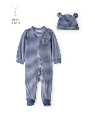 Macacão bebê em plush listrado com touca - azul | Carter's