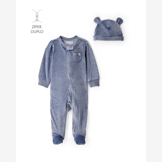 Macacão bebê em plush listrado com touca - azul | Carter's