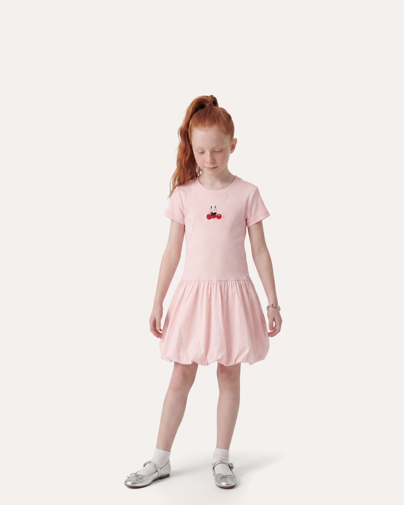 Vestido infantil balonê canelado cerejas 6-14A - rosa